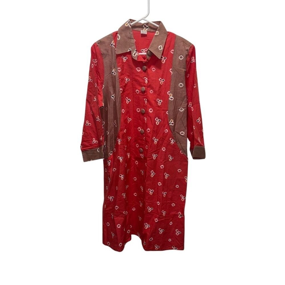 Muti Laras Red Brown Batik Print Button Down Midi Side Pockets Long Sleeve - Picture 1 of 6